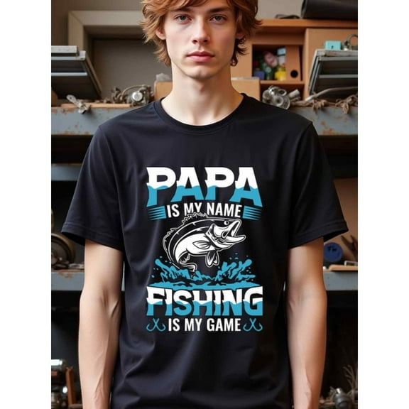 natee Father's Day Gift: Papa Is My Name, Fishing Is My Game T-shirt, 100% Cotton Fabric,Crew Neck,Short Sleeve,Regular Fit,All-season casual wear for man and teens-perfect