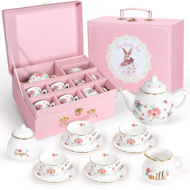 Juego de té IaoVueby de porcelana para niñas con funda de transporte para teteras