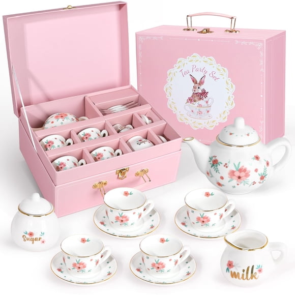 Juego de té IaoVueby de porcelana para niñas con funda de transporte para teteras