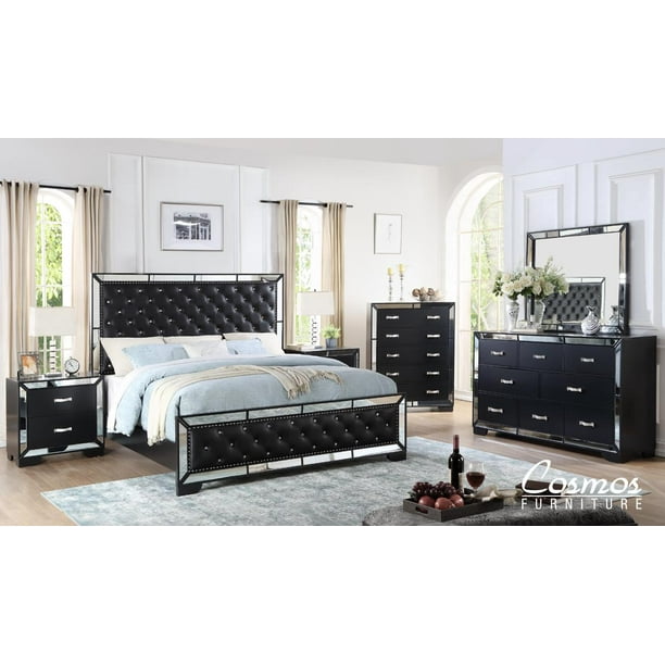 Black Finish Wood King Bedroom Set 6pc, Contemporary Bedroom Furniture Sets Black