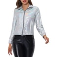 thumbnail image 1 of CHAQUETA METÁLICA LIGERA CON CREMALLERA DE LARGA MANGA BRILLANTE Y HOLOGRÁFICA PARA MUJERES INSPIRADA EN CHIC TAMAÑO M PLATA CLARA, 1 of 6