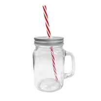16oz Glass Mason Jar Mug with Handle, Metal Lid and Striped Straw, Beverage Container (4)