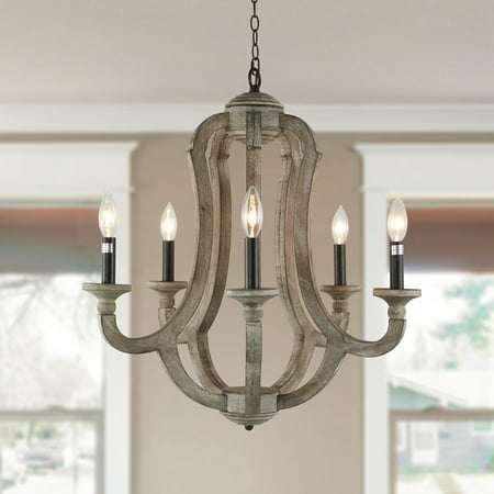 

5-Light French Country Wood Lighting Rustic Farmhouse Candle Style Chandelier for Dining &Living Room Bedroom Kitchen