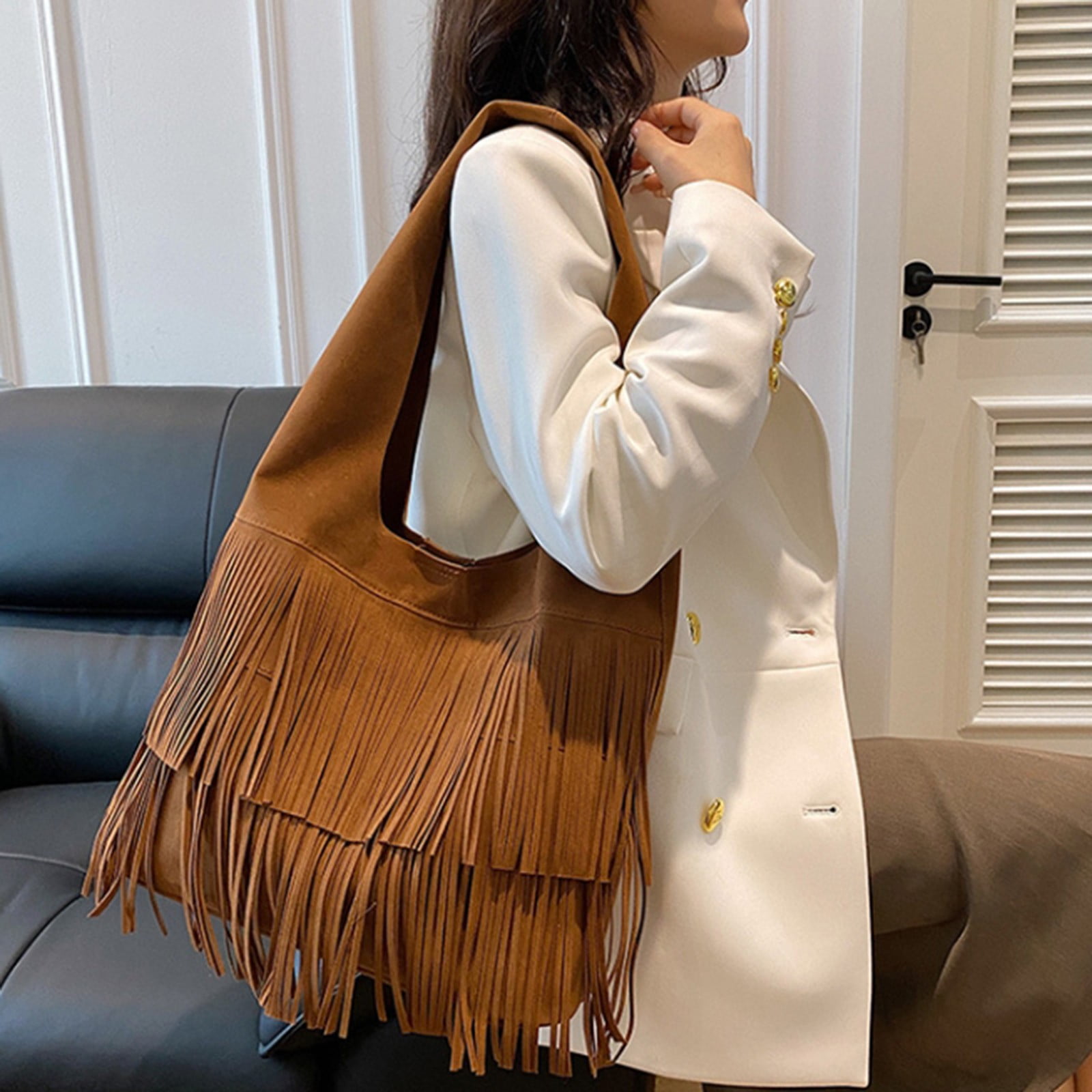 Womens Suede Shoulder Bags Vintage Fringe Handbag Lightweight Tassel Western Purse Large Capacity Tote Bag