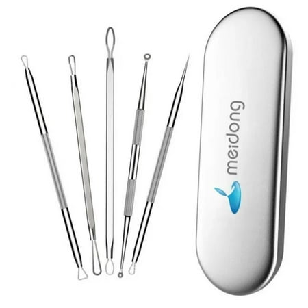 Blackhead Extractor Tool Meidong Pimple Popper Acne Removal Tool Kit 5 Piece with Metal Case Silver