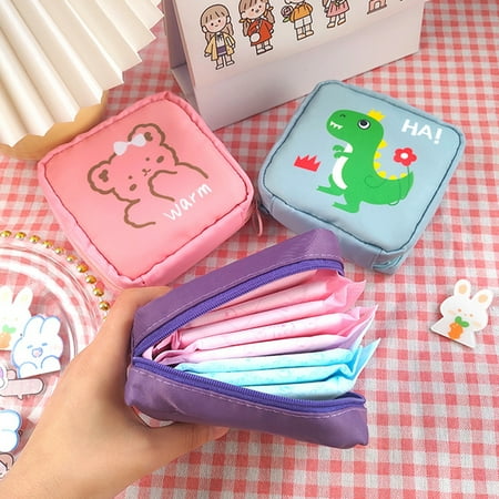 

Hesroicy Sanitary Napkin Storage Bag Waterproof Cartoon Nylon Zipper Design Tampon Pouch for Teen Girls