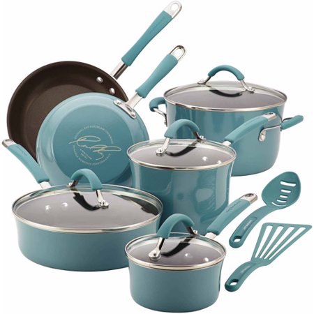 Rachael Ray Cucina Hard Enamel Nonstick 12-Piece Cookware Set, Agave Blue