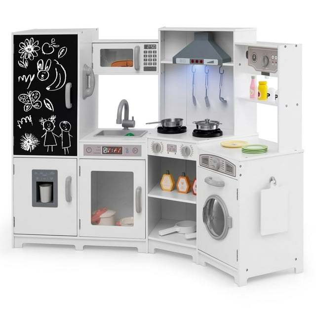 Patiojoy Corner Wooden Play Kitchen with Lights & Sounds Large Pretend Play Kitchen Set White