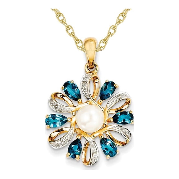1.50 Carat (Ctw) London Blue Topaz Flower Pearl Pendant Necklace in 14K Yellow Gold with Chain