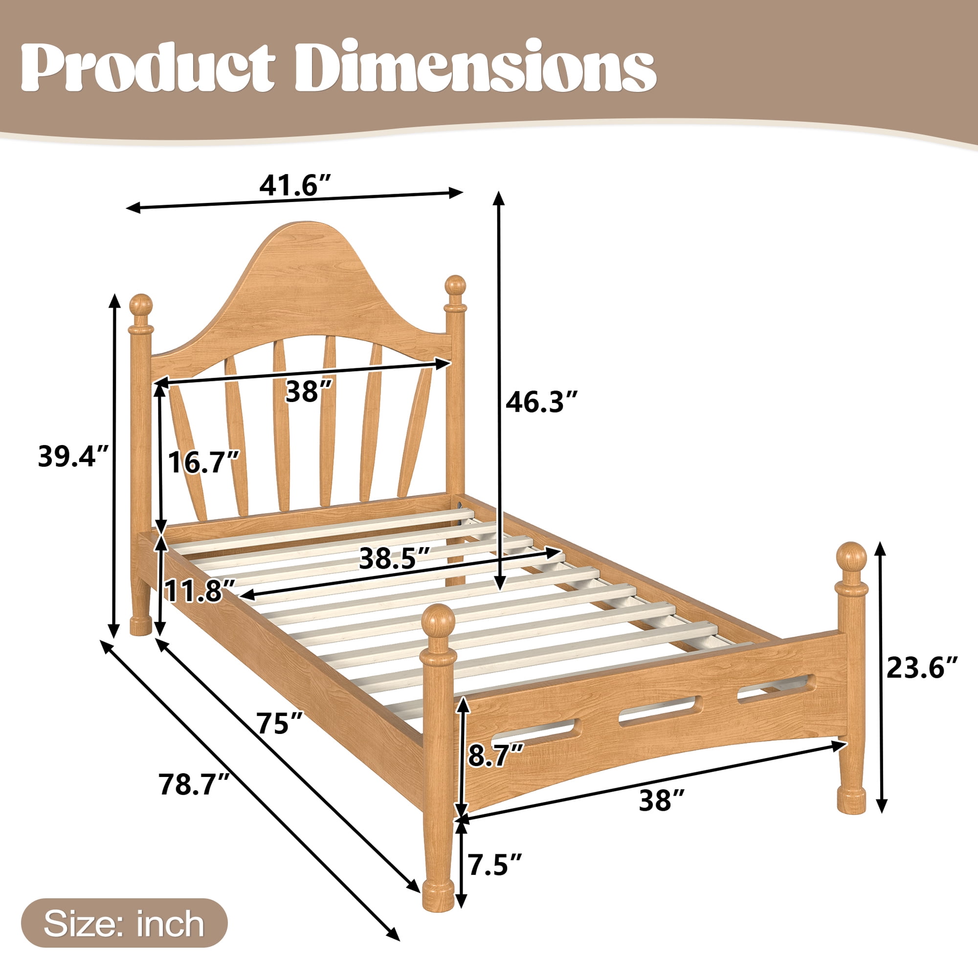 Leumius Twin Size Platform Bed with Chic Headboard, Solid Wood Bed Frame with Slatted Support, Low to Ground Design for Bedroom Natural