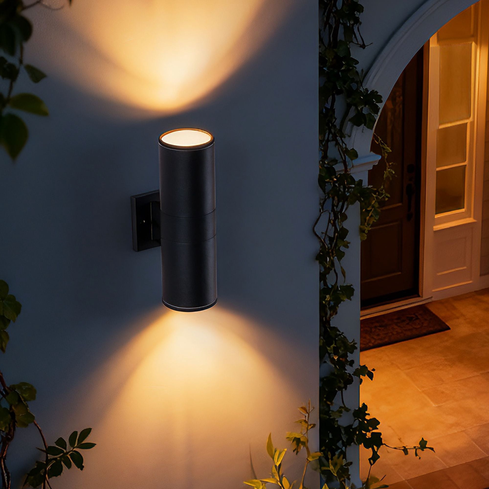 14 Inch Modern Outdoor Wall Sconce, 2-Light IP65 Waterproof Exterior Light, Rust-Resistant Aluminum Cylinder with Tempered Glass, Matte Black, 2-Pack, Bulbs Not Included
