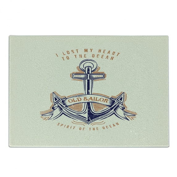 Anchor Cutting Board, Old Sailor Sign Firmly Anchored to the Ocean Image in Vintage Style, Decorative Tempered Glass Cutting and Serving Board, Small Size, Orange Blue Yellow, by Ambesonne