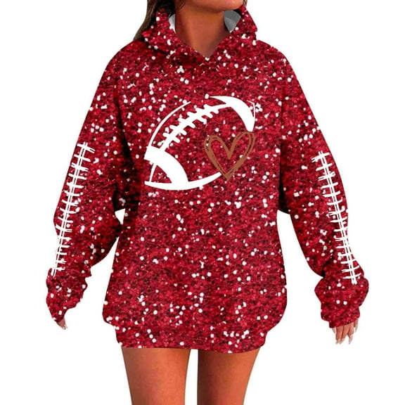 Arlun Game Day Sweatshirts for Women Sequin Printed Football Season Casual Hoodies Long Sleeve Loose Fit Comfort Fashion Graphic Oversized Pullover Tops Fall Clothes Red6 XL