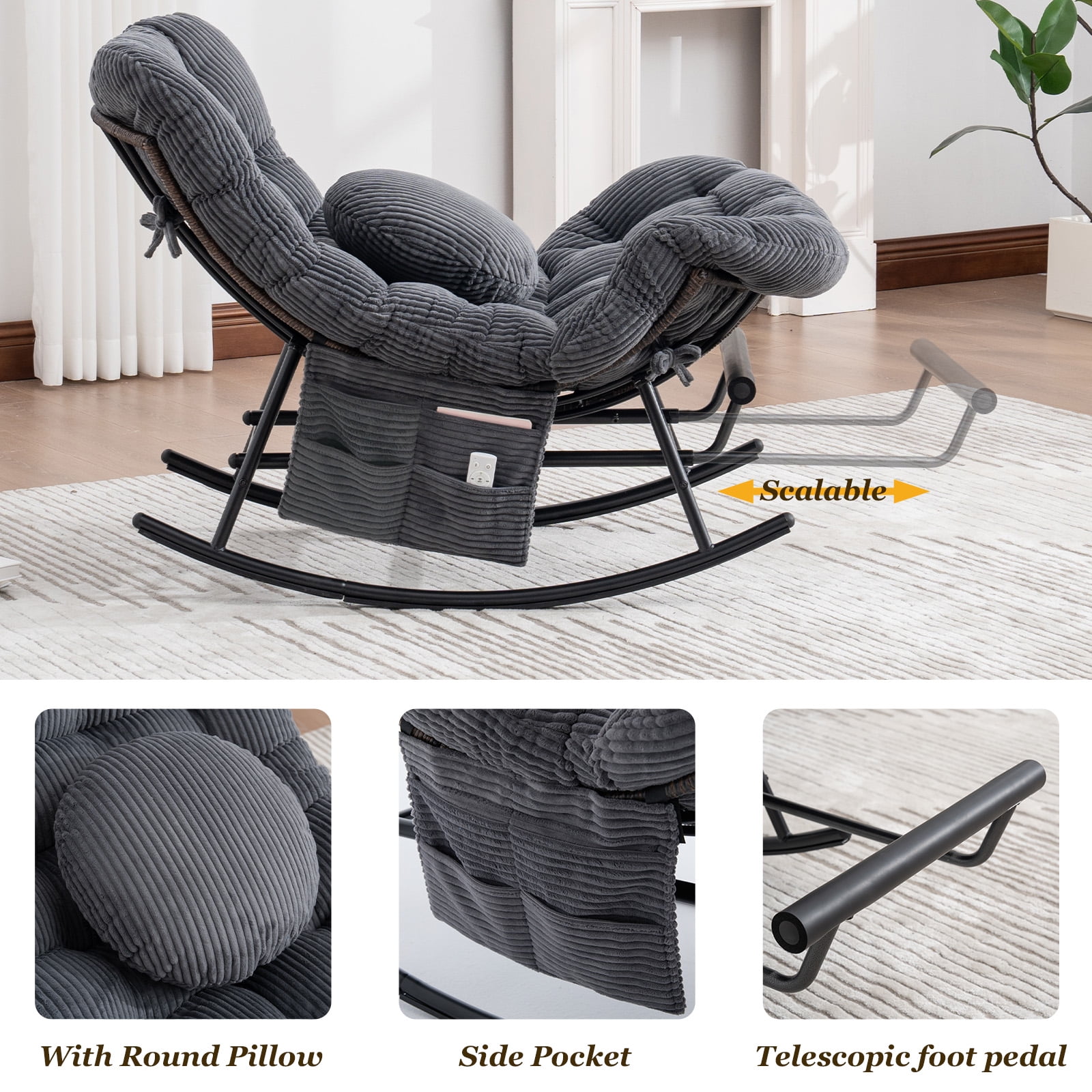 MOONMISS Outdoor Rocking Chair with Footrest, Indoor Oversized Comfort Reading Chair Cover with Cushion, Patio Rocking Chair Lounger, Dark Gray