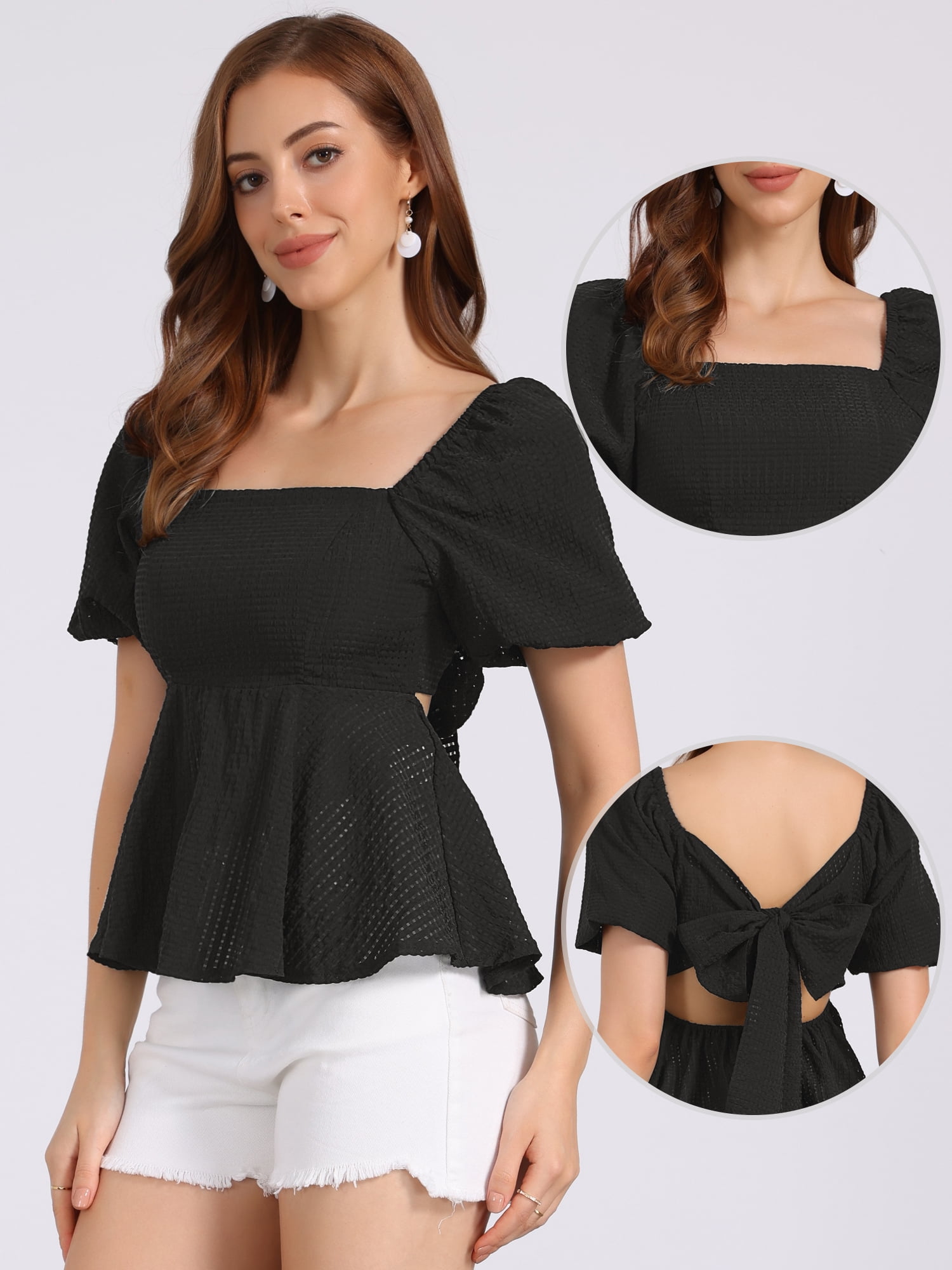 DARING DIVA Women's Peplum Square Neck Puff Short Sleeve Smocked Blouses XL Black
