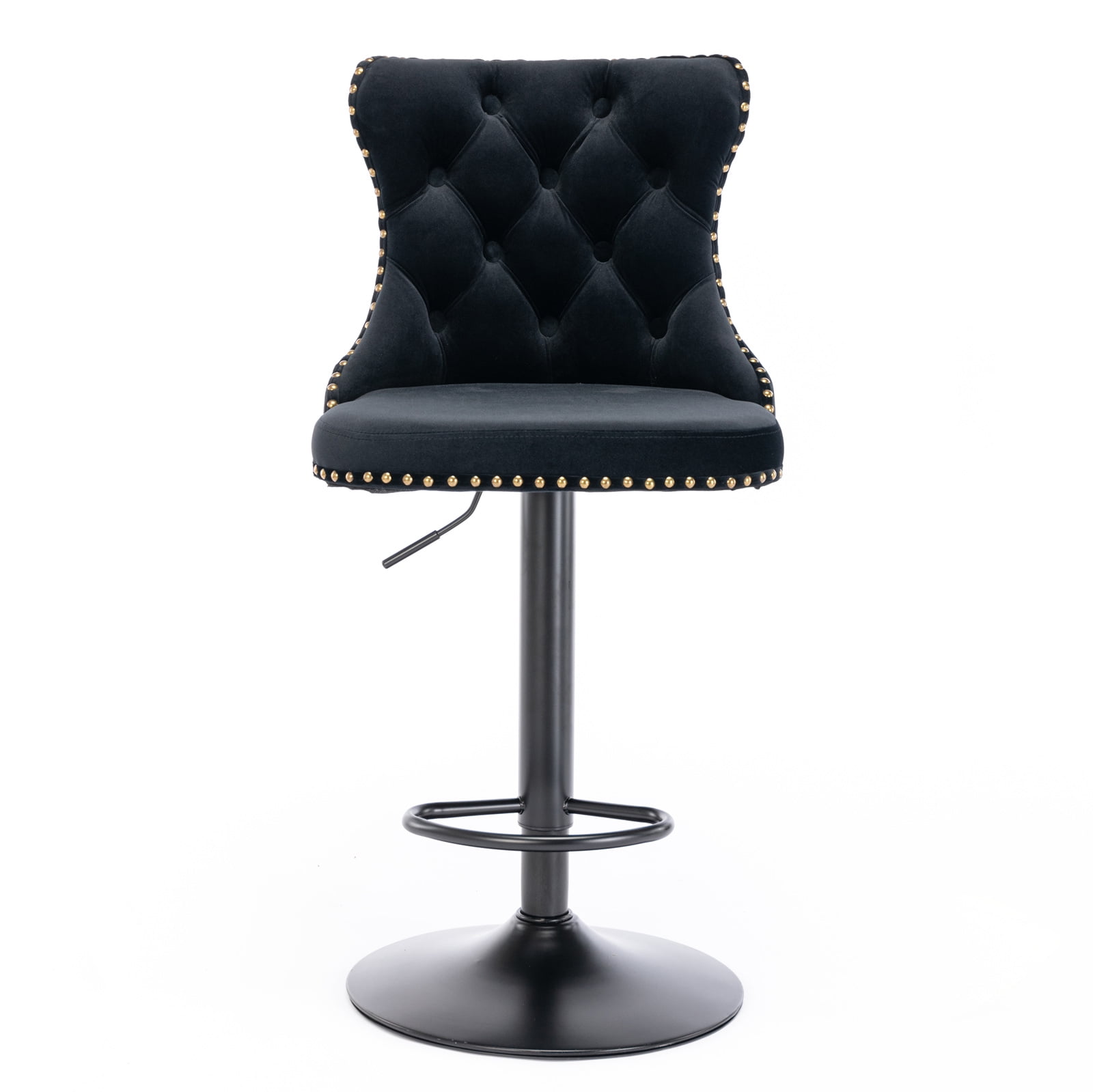 MAYEERTY Swivel Velvet Barstools - Adjustable Seat Height 25-33 Inch, 17.7 Inch Base, Tufted Backs, Black, Set of 2