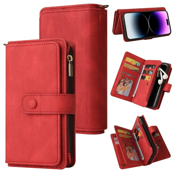 TECH CIRCLE Wallet Case For iPhone 11 Pro Max,PU Leather Zipper Handbag Purse Flip Cover Kickstand Folio Women Case with Card Slots Holder Wrist Strap for Apple iPhone 11 Pro Max 6.5" 2019,Red