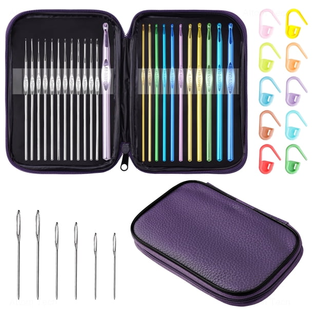 Juego de Agujas de Crochet Metálicas Multicolores, Agujas de Tejer de Aluminio Tomorotec Art para Manualidades con Estambre, con Bolsa de Almacenamiento, Marcadores de Puntos y Agujas de Ojo Grande.