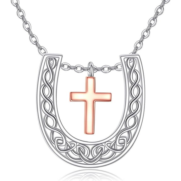Cross Horse Necklace 925 Sterling Silver Celtic Knot Horseshoe Pendant Necklace Cross Horse Jewelry for Women