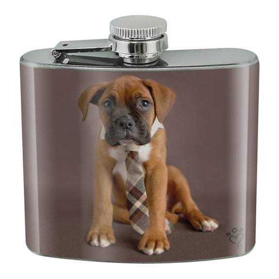 Boxer Puppy Dog Sitting with Tie Stainless Steel 5oz Hip Drink Kidney Flask
