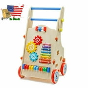 Yinke Adjustable Wooden Baby Walker Toddler Toys with Multiple Activity Toys Center