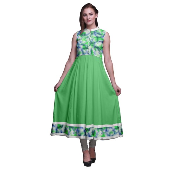 Bimba Mint Green2 Tie-Dye Anarkali Dress Mandarin Collar Sleeveless Kurtis for Women Print Maxi Dress X-Large