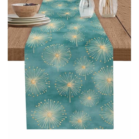 ERUNPONLY Teal Green Dandelion Table Runner - 70 Inch Long Pastoral Botanical Blossom Cotton and Linen Blended Dress Scarves Farmhouse Table Runner for Kitchen Dining, Coffee Table, 13"x70"