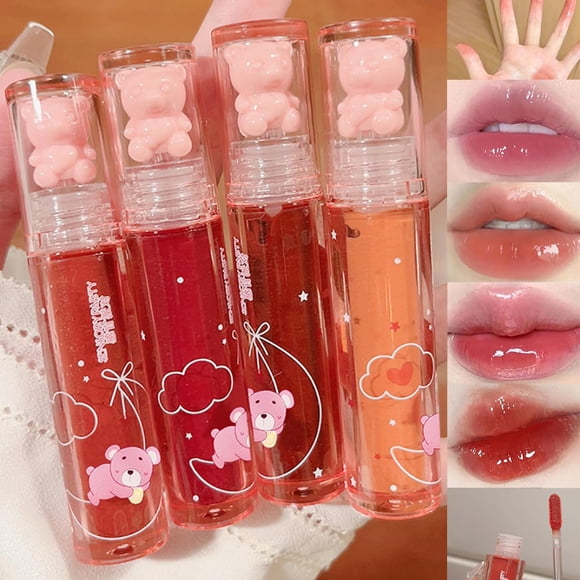 Baorder 4 piezas de esmalte de labios de oso hidratante jalea brillo de labios líquido lápiz labial lindo oso brillo de labios hidratante mancha de labios regordeta agua brillo de labios impermeable d