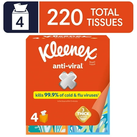 Kleenex Anti-Viral Facial Tissues, 4 Cube Boxes, 55 Tissues per Box, 3-Ply