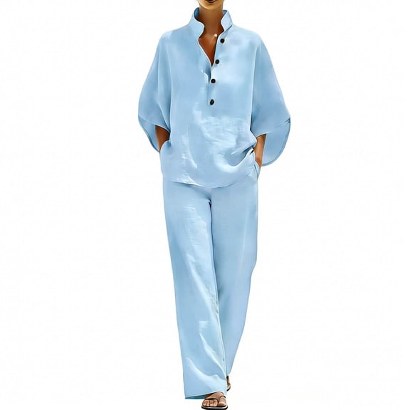 SBYOJLPB Women's Linen Summer Set Casual V-neck Top and Wide Leg Pants Set Two-piece Sets