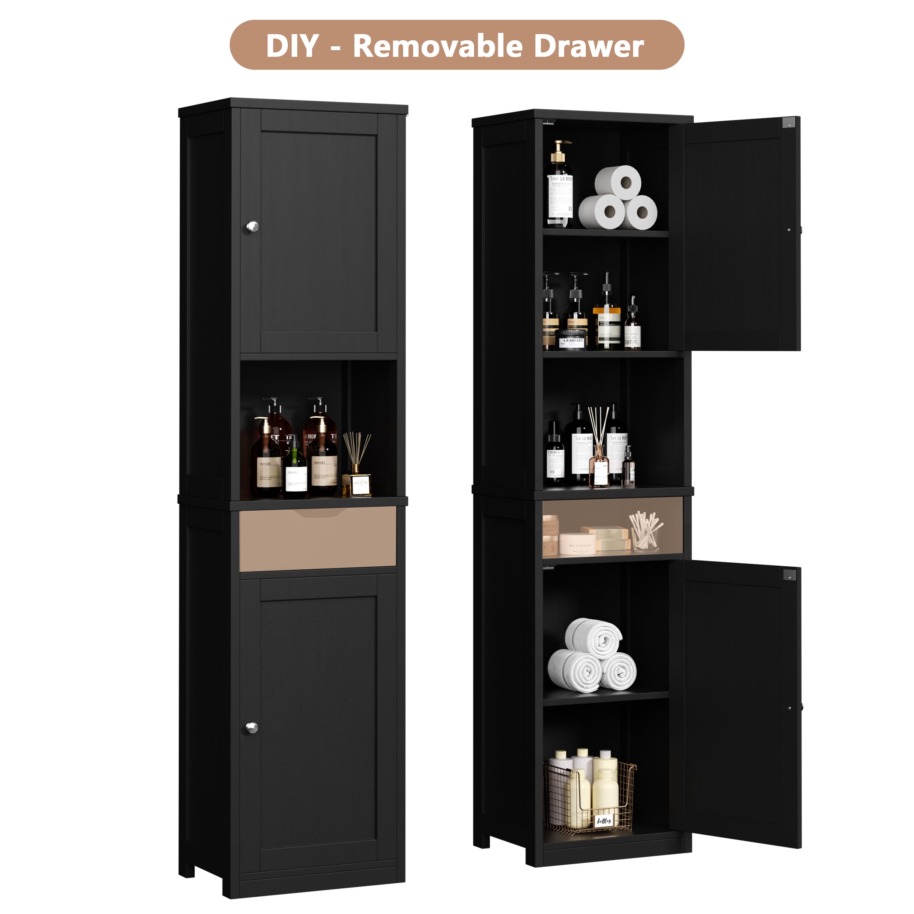 2PCS Bathroom Storage Cabinets 64" Tall Narrow Wooden Cabinets Set of 2 with Doors Shelves Drawer Black
