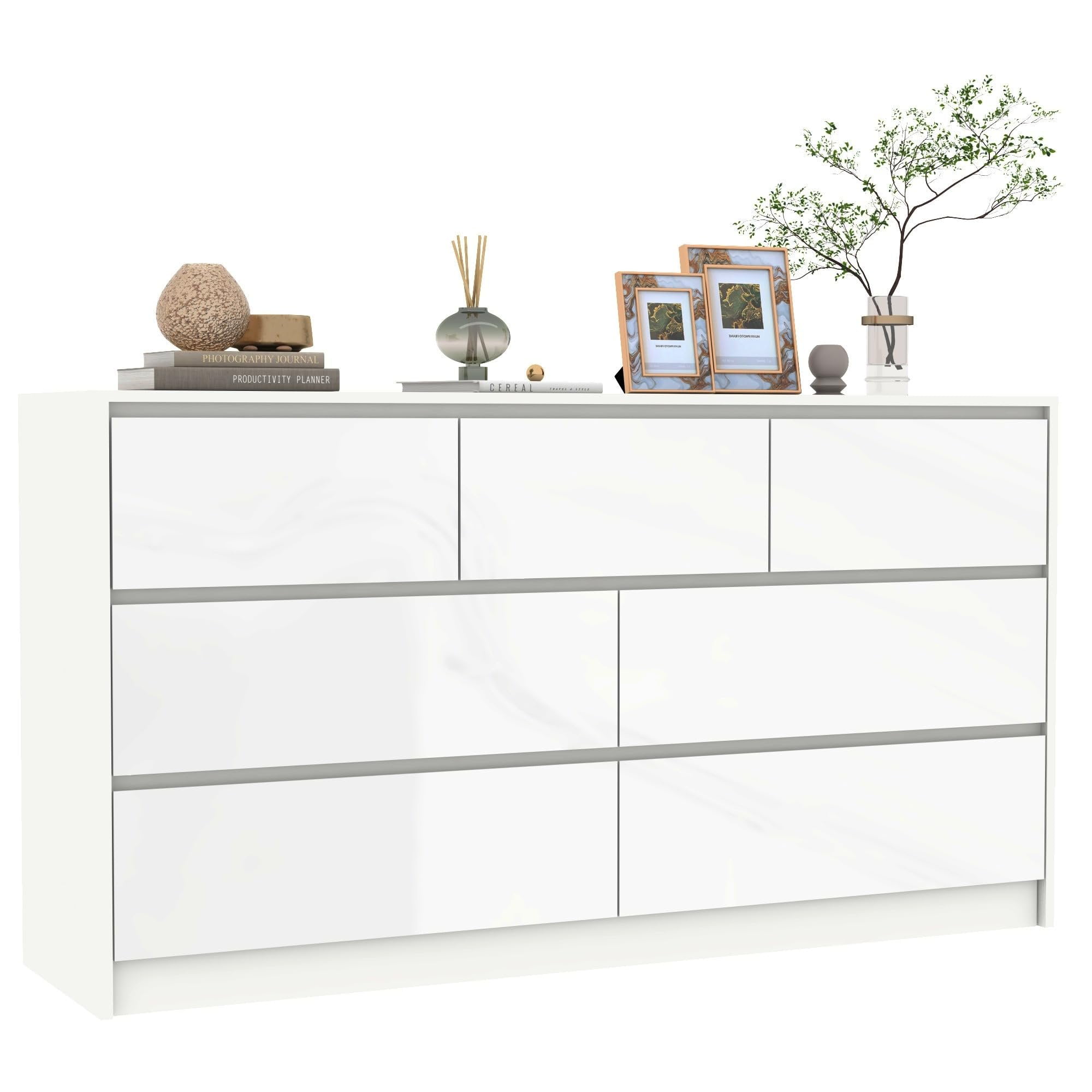 Blotout White Malm Dresser for Bedroom, 55" Long Dresser High Gloss Dresser with 7 Drawers, Large Wood Chest of Drawer Handle Free, Dresser for Bedroom, Living Room, Entryway, Hallway