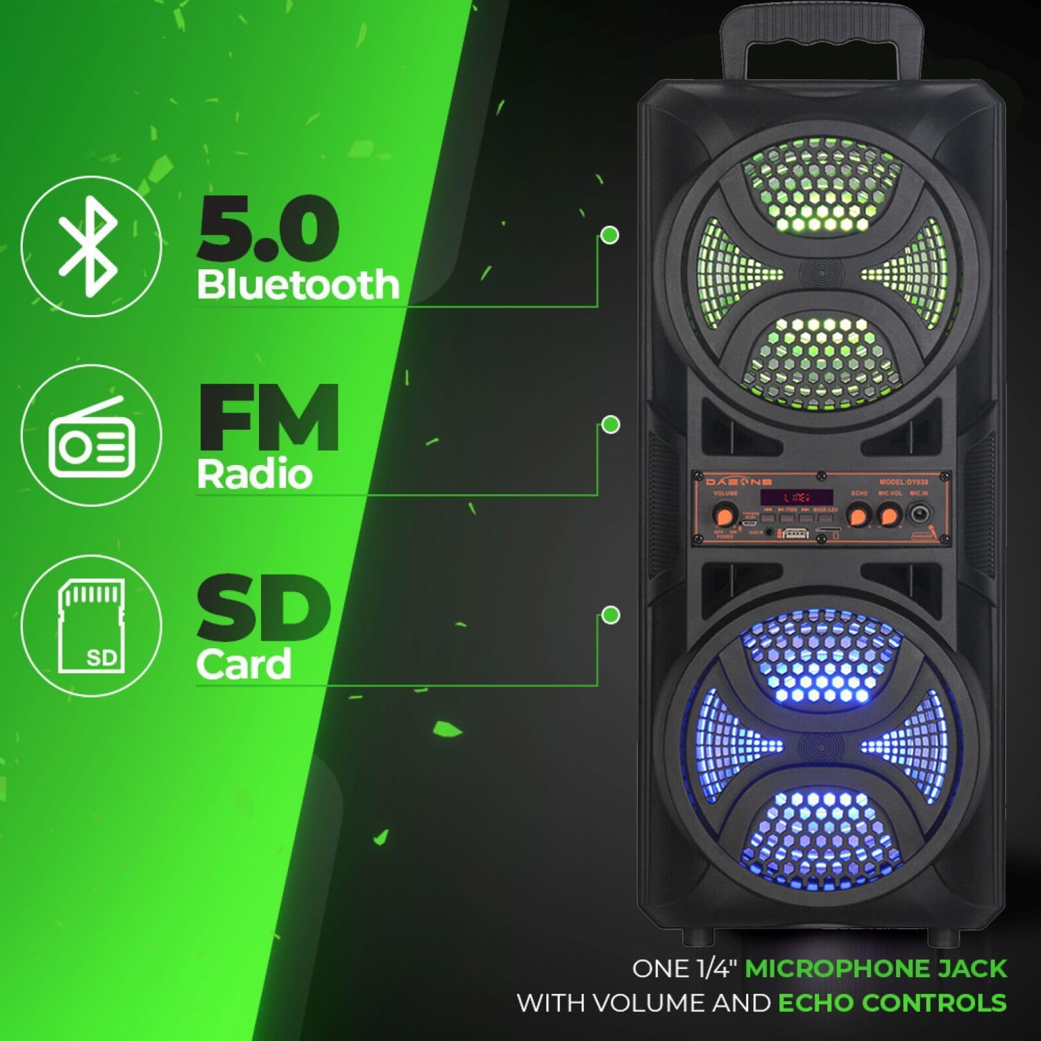 RIDWIND 3000W Peak Power Wireless TWS Portable Loud Party Bluetooth Speaker with Dual 6.5" Woofer LED Colorful Lights Microphone Remote Control Support FM/TF/USB/AUX