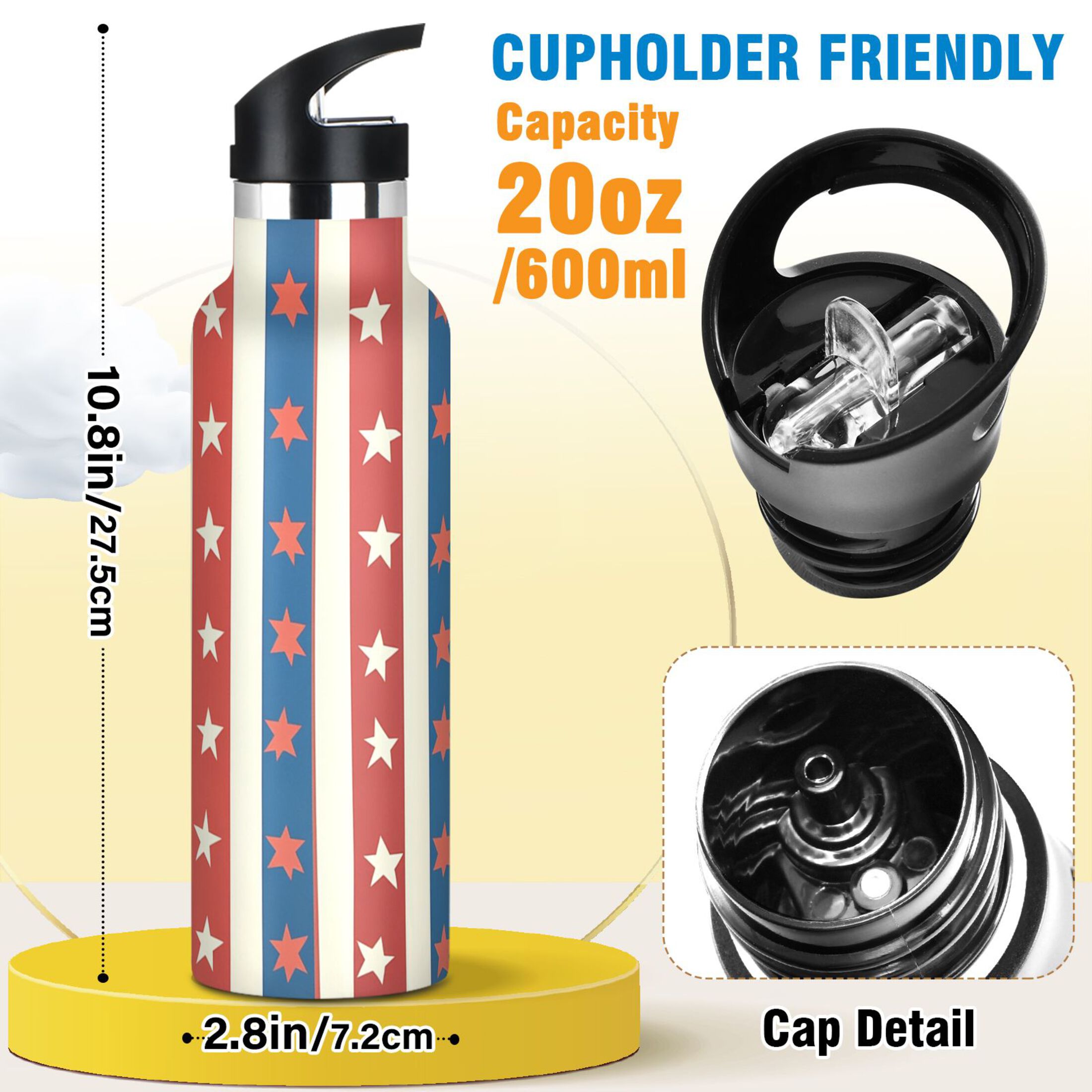 Kids Insulated Stainless Steel Sports Water Bottle 600ml (20oz) Red and Blue Striped Pattern