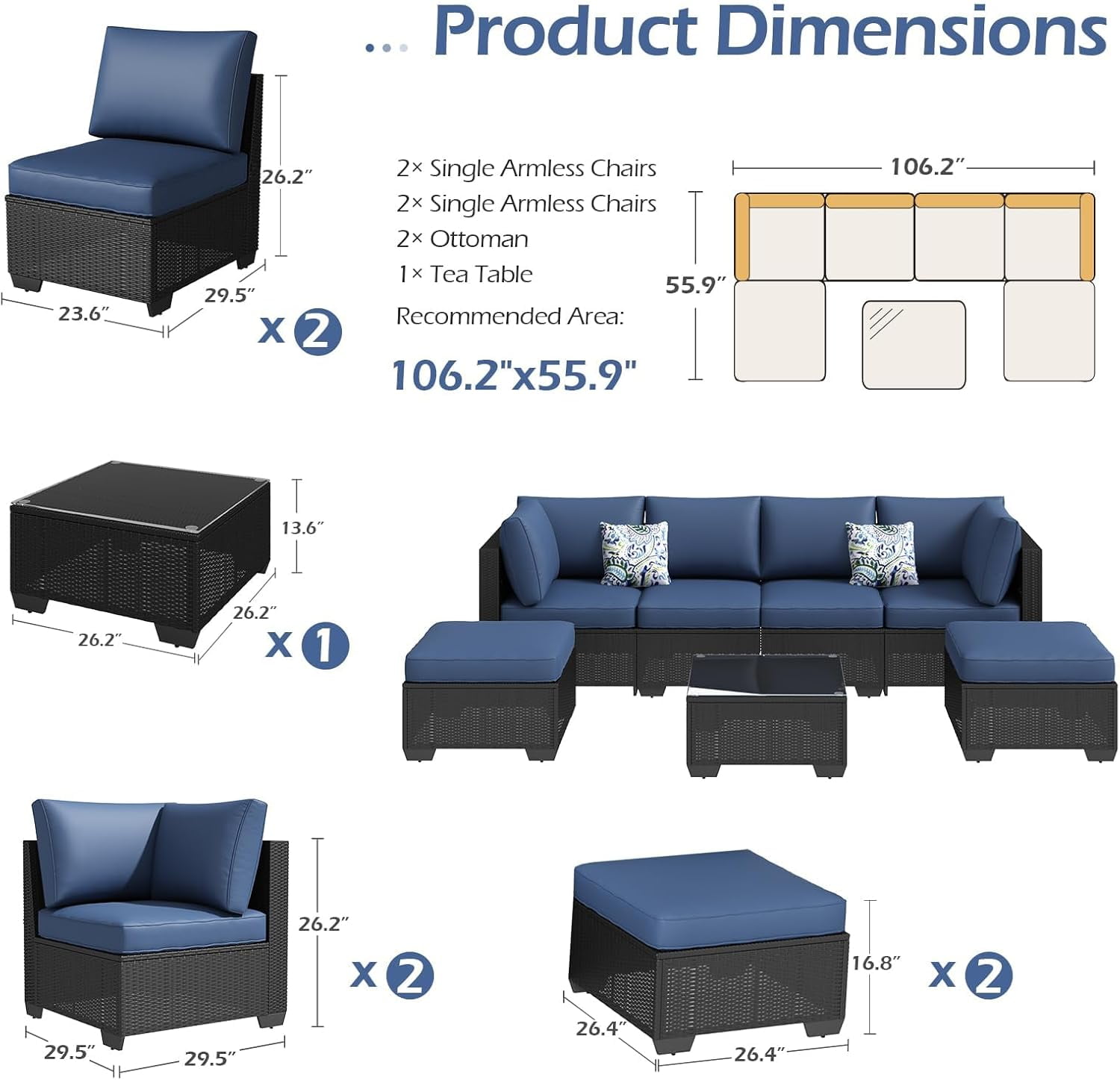 Danrelax 7-Piece Outdoor Sectional Sofa Patio Conversation Set, Black PE Rattan Wicker Furniture, Steel Frame in Dark Blue