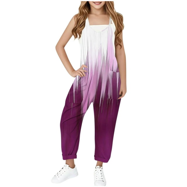 YUNAFFT Salopettes Sans Manches pour Filles à Blocs de Couleur Imprimé Bretelles Ajustables Poches Tenue Décontractée pour Jouer 5-14 Ans