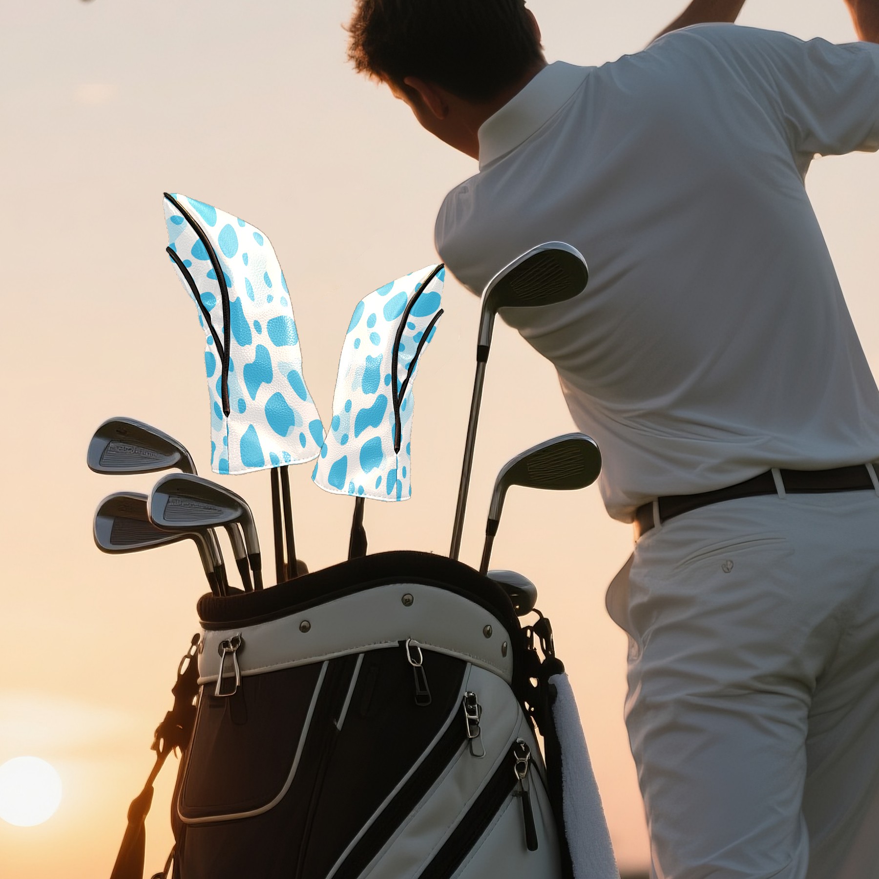 Golf Club Covers PU Leather Waterproof Head Covers for Fairway Woods Hybrids Blue Polka Dots