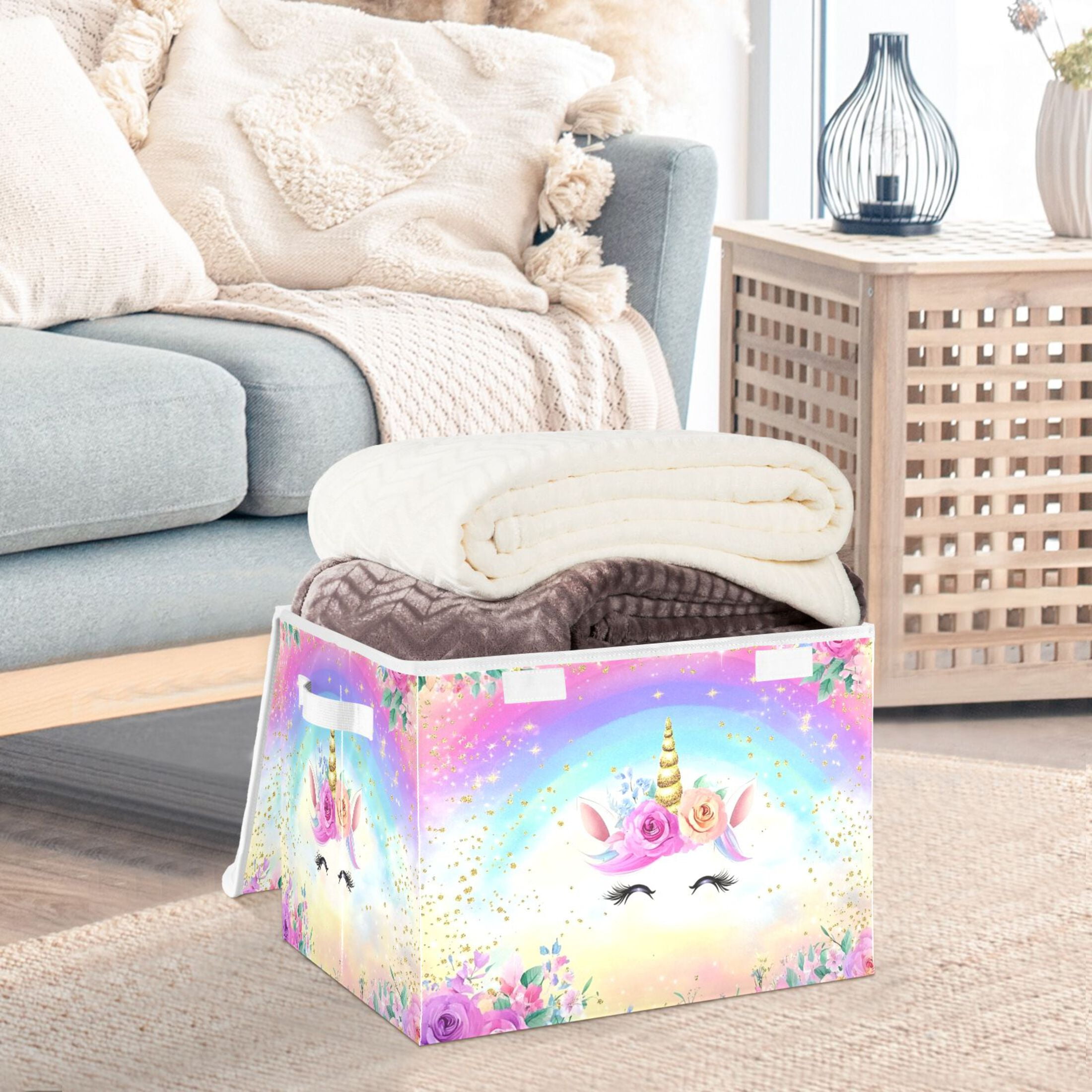 Ryvnso Unicorn with Rainbow Large Lidded Foldable Storage Baskets Cubes Boxes Lids Bin for Home