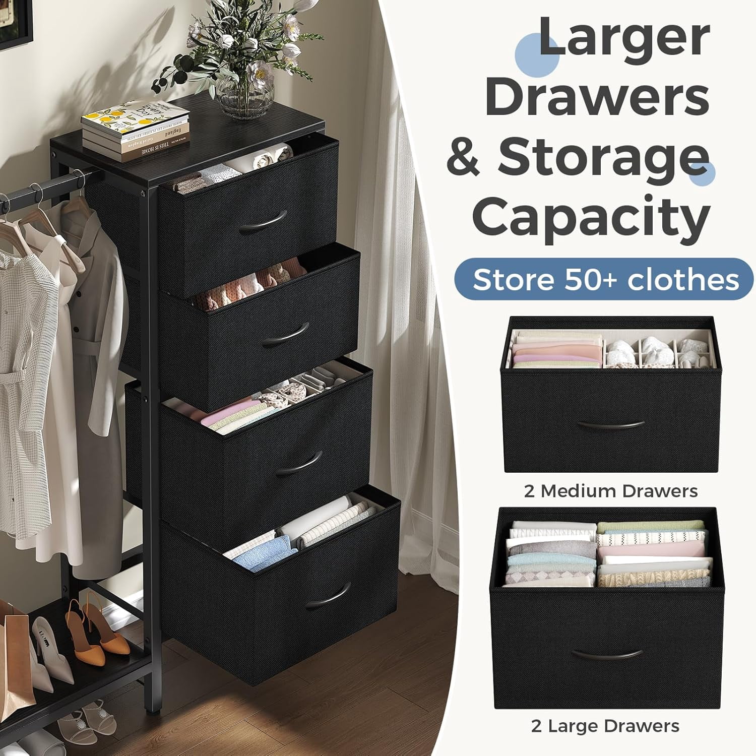 JIOABL 4 Drawer Dresser with Hanging Rack, Steel Frame, Fabric Drawers, Tall Storage Organizer for Bedroom, Black