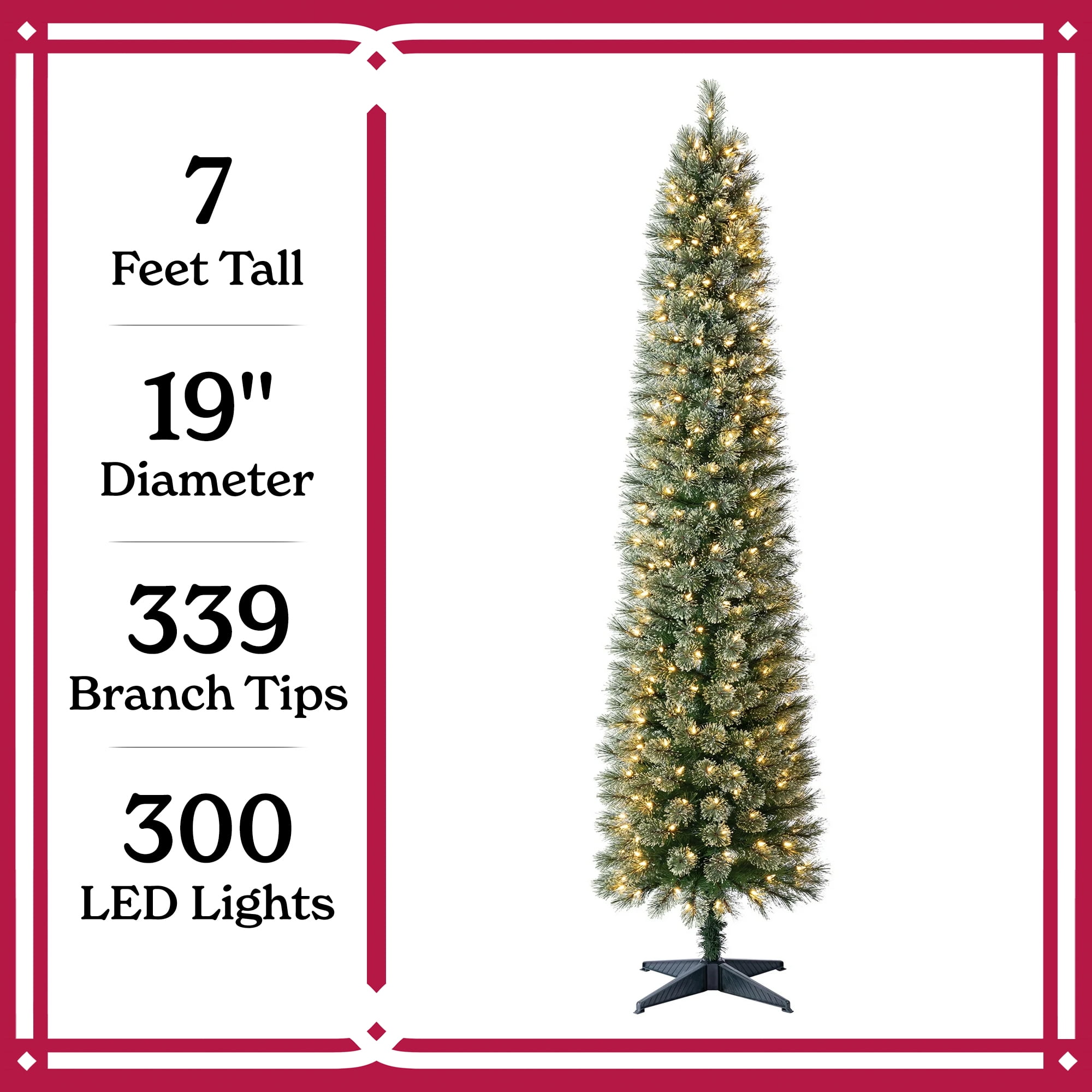 7 ft Pre-Lit Shelton Cashmere Pencil Fir Artificial Christmas Tree with 300 Clear LED Lights and Stand, by Holiday Time