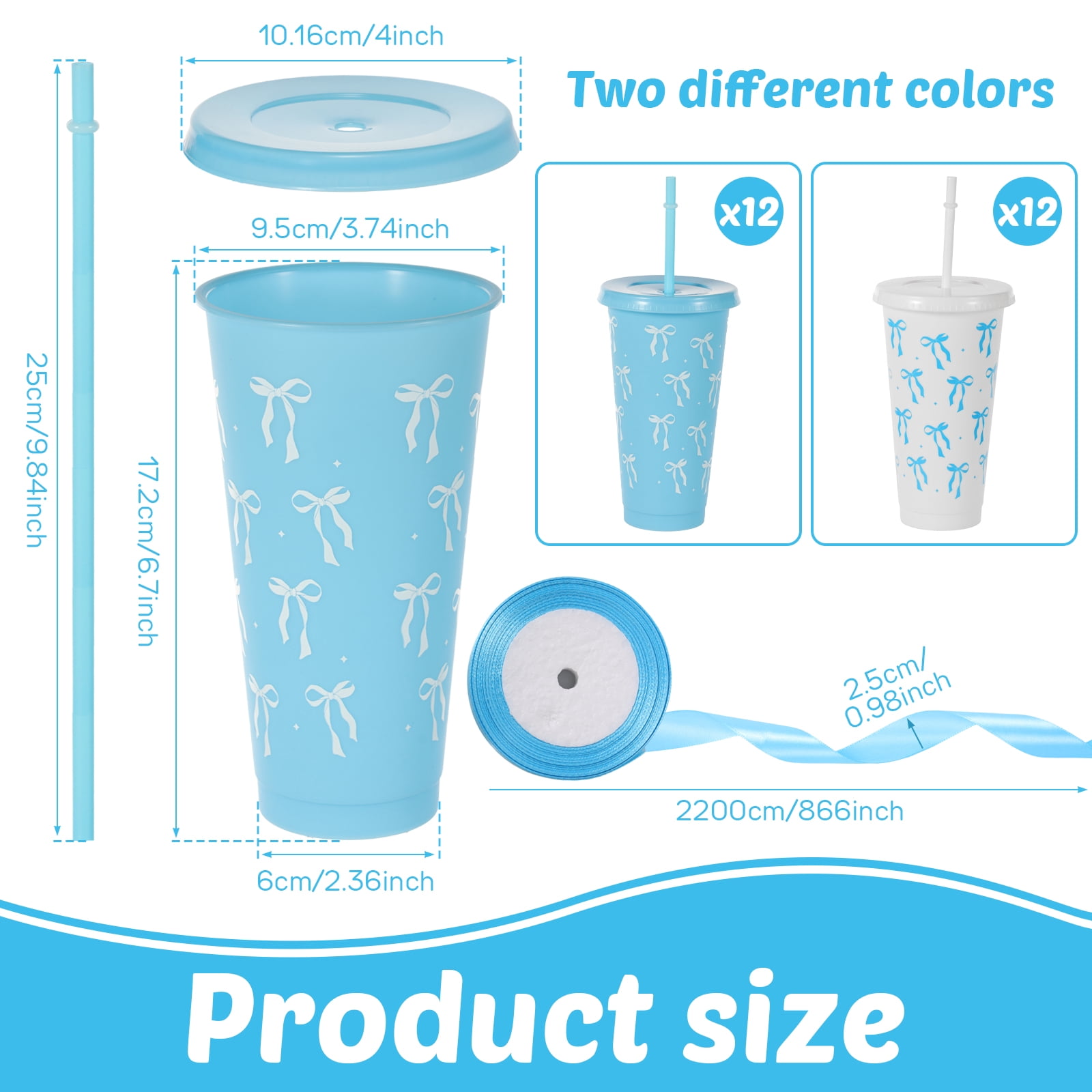 24 Pcs 24oz Bow Plastic Cup with Lid Straw and Ribbon Reusable Tumbler for Birthday Wedding Baby Shower Bridal Party Blue