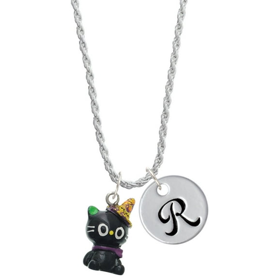 Delight Jewelry Resin Black Kitty Cat with Witch Hat Silvertone Script Initial Disc - R - Charm Necklace, 20" 3"