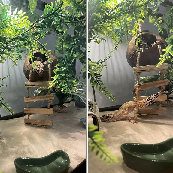 Lizard Coco Den with Ladder, Leopard Gecko Coconut Husk Hut Hideout Home Reptile Hammock Climbing Hanging Plants Decor Habitat Tank Accessories