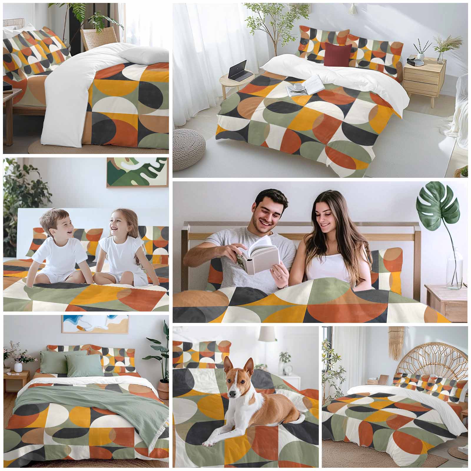 Mid-Century Modern Duvet Cover Set King Size, Abstract Geometric Semicircle Green 4 Piece Soft Microfiber Bedding Set with 1 Duvet Cover, 1 Flat Sheet, 2 Pillowcases