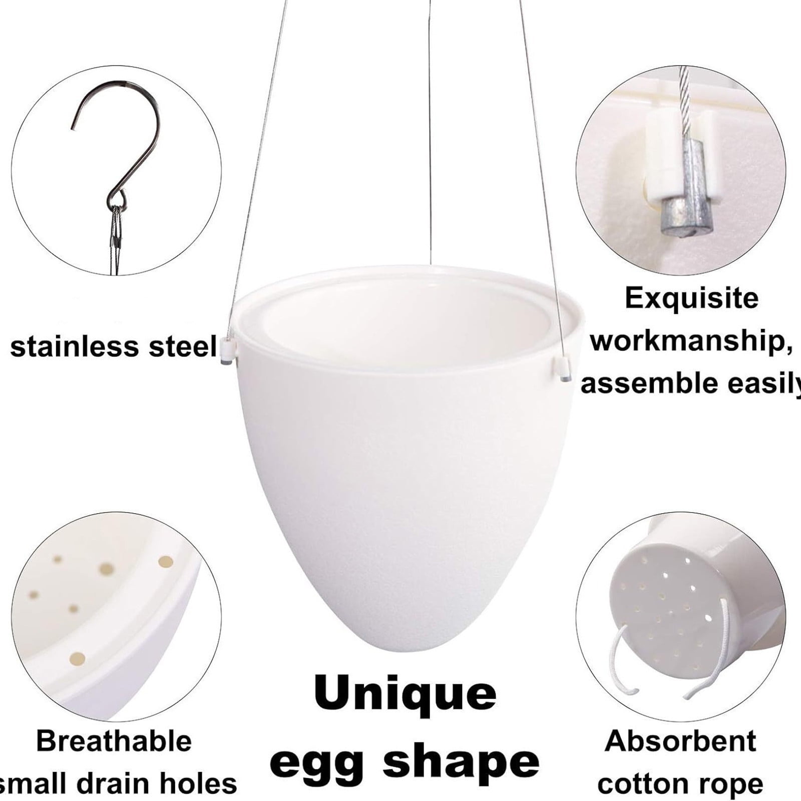 Camnix Self Watering Hanging Planters, Unique Eggshell Shape Indoor Outdoor Hanging Pots for Plants, Modern White Plastic Flower Pots Home Decor Hanging Basket