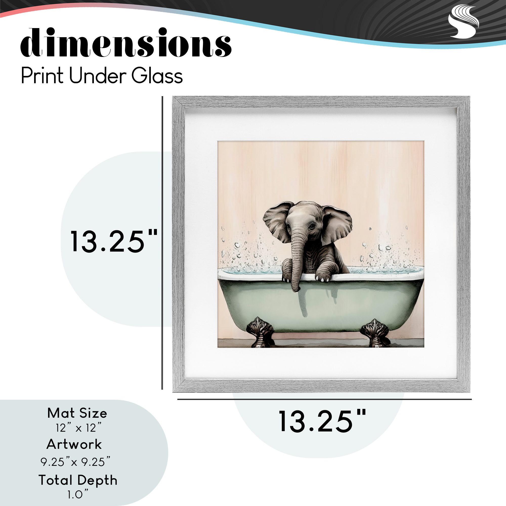 Baby Elephant Bathtime Gray Framed Print Under Glass, design by Sasha