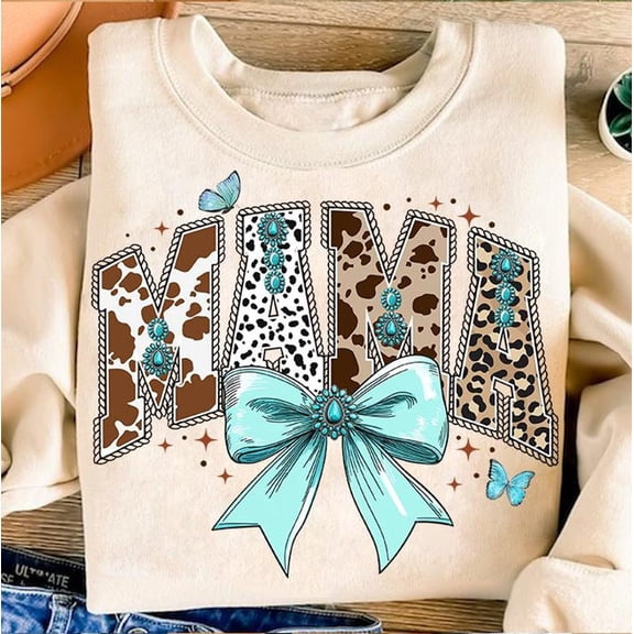 Western Mama Sweatshirt, Coquette Cow Print Crewneck, Turquoise Cowgirl Pullover, Howdy Fall Top, Cowhide Aesthetic Sweatshirt