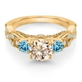 thumbnail image 2 of Gem Stone King 18K Yellow Gold Plated Silver Peach Morganite Swiss Blue Topaz and White Moissanite Engagement Ring for Women (1.17 Cttw, Gemstone October Birthstone, Round 6MM and 3MM, Size 8), 2 of 4