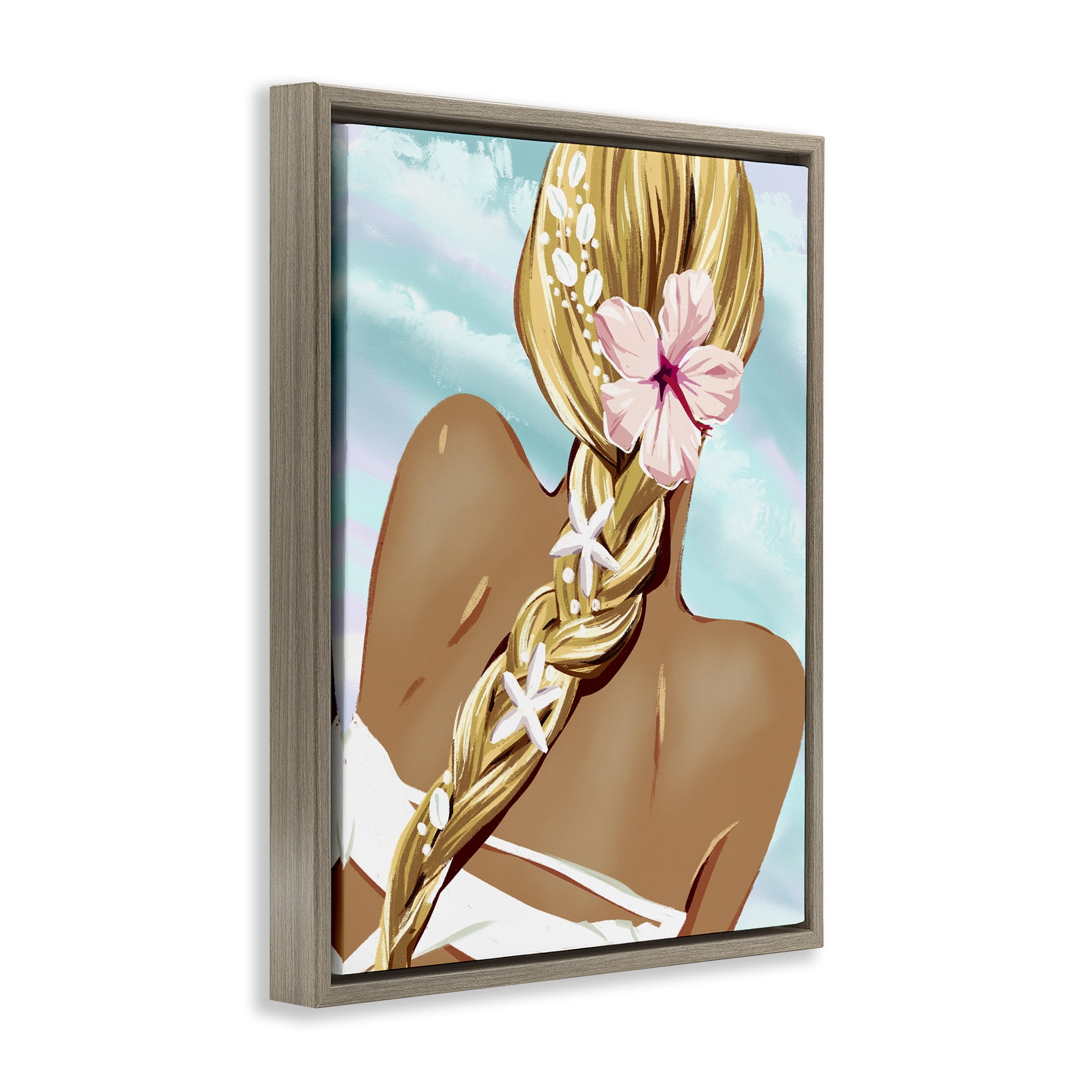 Stupell Industries Beachy Girl with Florals Novelty Painting Brown Floater Framed Art Print Wall Art, 17 x 21