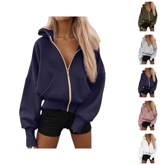 Zip Up Hoodies for Women 2025 Long Sleeve Loose Plain Essentials Hoodie with Pockets Hooded Sweatshirt Women Jacket